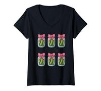 Mujer Pickles - Tarro de coqueta con lazos estéticos Camiseta Cuello V