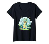 Mujer Pide un deseo con este disfraz de dinosaurio de diente de león caprichoso Camiseta Cuello V