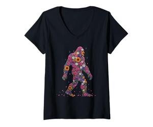 Mujer Pie Grande Sasquatch Flower Power Loco Viejo Hippies Poder Camiseta Cuello V