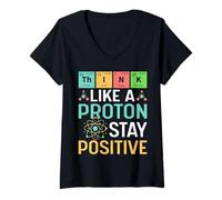 Mujer Piense como un Profesor de Juego de Palabras de Tabla periódica de Proton Stay Positive Camiseta Cuello V