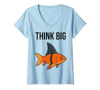 Mujer Piense en Big Goldfish con Aleta de tiburón, motivación Camiseta Cuello V