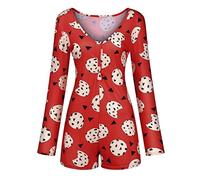 Mujer Pijama de Una Pieza Mono de Manga Larga Ropa de Dormir Pelele de Mameluco con Botones y Cuello en V para Chica Adolescente (Rojo, M)