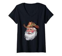Mujer Pijama navideño de Santa Cowboy Western Christmas Camiseta Cuello V