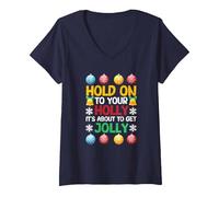 Mujer Pijamas de Navidad se aferran a tu Acebo está a Punto de Ponerse Alegre Camiseta Cuello V, Azul Marino, XL