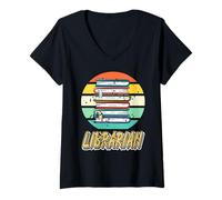 Mujer Pila de Libros Bibliotecario Vintage Círculo Retro Camiseta Cuello V