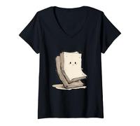 Mujer Pila de Libros Ilustrada Camiseta Cuello V