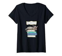 Mujer Pila de Libros Orgullo y prejuicio de Jane Austen Cat Camiseta Cuello V