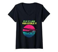 Mujer Piloto biplano Retro, Vuela como si lo hubieras robado Camiseta Cuello V