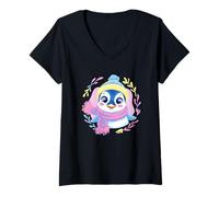 Mujer Pingüino Azul Invierno Retrato Amante gráfico Amarillo Rosa Bufanda Camiseta Cuello V