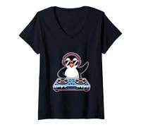 Mujer Pingüino Dj Animal Música En Acción Camiseta Cuello V
