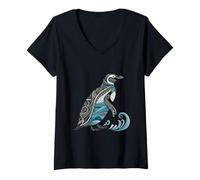 Mujer Pingüino estilizado con motivos de olas oceánicas Camiseta Cuello V