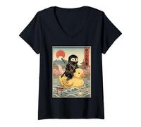 Mujer Pingüino Ninja Japón Vintage Japonés Ukiyo-e Arte Camiseta Cuello V