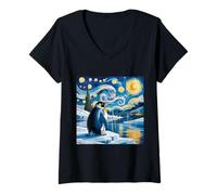 Mujer Pingüino noche estrellada Van Gogh lindo animal de invierno Camiseta Cuello V