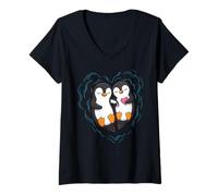 Mujer Pingüino tomados de la Mano Parejas Amor corazón Arte diseño Camiseta Cuello V