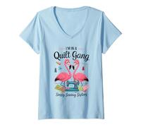 Mujer Pink Flamingos In A Quilt Gang Sassy Sewing Sisters White Camiseta Cuello V