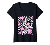 Mujer Pink Floral Daisy Dragonfly Botanical Wildflower Vine Garden Camiseta Cuello V