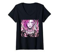 Mujer Pink Haired Cyberpunk Anime Girl Aesthetic Manga Style Camiseta Cuello V