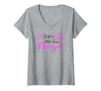 Mujer Pink Just a Girl Who Loves Michigan, Cute Michigan Girl Camiseta Cuello V