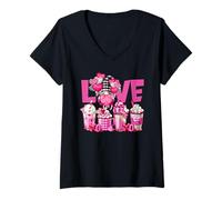 Mujer Pink Latte Buffalo Plaid GNOME Love Valentines Coffee Camiseta Cuello V