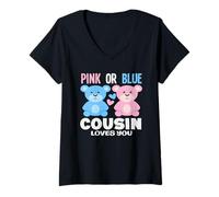 Mujer Pink Or Blue Cousin Loves You Bear Fiesta de revelación de género Camiseta Cuello V