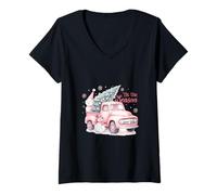 Mujer Pink Pickup It's The Season Snowman Christmas Tree Truck Camiseta Cuello V