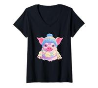 Mujer Pink Pig Winter Retrato Lover Graphic Blue Snowflake Bufanda Camiseta Cuello V