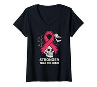 Mujer Pink Ribbon Stronger Than Scare Cool - Cinta Rosa para Halloween para Mujer Camiseta Cuello V