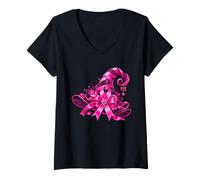Mujer Pink Ribbon Witch Hat Halloween Breast Cancer Awareness Camiseta Cuello V