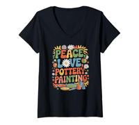 Mujer Pintor de cerámica 60s 70s Retro Peace Love Pintura cerámica Camiseta Cuello V