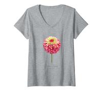 Mujer Pintura Botánica Flor Zinnia Roja y Rosa Camiseta Cuello V