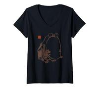 Mujer Pintura de Tinta Sumi-e de Arte japonés de Rana Vintage Camiseta Cuello V
