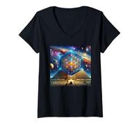 Mujer Pirámide con el Cubo de Metatrón Geometría Sagrada Camiseta Cuello V