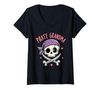Mujer Pirata Abuela Calavera y Huesos Cruzados Lindo Camiseta Cuello V