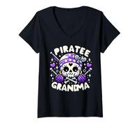 Mujer Pirata Abuela cráneo y Huesos Cruzados Mujeres Lindas Camiseta Cuello V