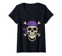 Mujer Pirata Abuela cráneo y Huesos Cruzados Mujeres Lindas Camiseta Cuello V
