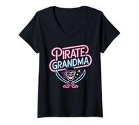 Mujer Pirata Abuela cráneo y Huesos Cruzados Mujeres Lindas Camiseta Cuello V
