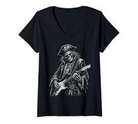 Mujer Pirata Esqueleto Guitarrista Rock Música Arte Ilustración Camiseta Cuello V