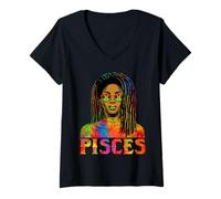 Mujer Piscis Reina Loc'd Mujer Negra Zodiaco Africano Cumpleaños Camiseta Cuello V