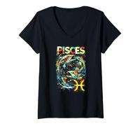 Mujer Piscis Signo del Zodiaco con Peces Coloridos astrología Camiseta Cuello V