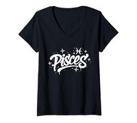 Mujer Piscis Zodiac Graffiti Handstyle Astrología Signo Estelar Camiseta Cuello V