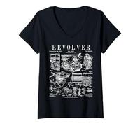 Mujer Pistola de Fuego giratoria Revolver con Estampado de Patente Vintage Camiseta Cuello V