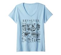 Mujer Pistola de Fuego giratoria Revolver con Estampado de Patente Vintage Camiseta Cuello V