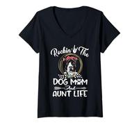 Mujer Pit Bull Rocking The Dog Mom and Aunt Life Funny Mothers Day Camiseta Cuello V