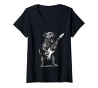 Mujer Pit Bull Tocando Guitarra Rock Música Amante Camiseta Cuello V