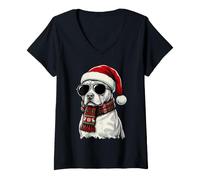 Mujer Pitbull Dog Pittie Sombrero de Papá Noel, Bufanda a Cuadros, Gafas de Sol Camiseta Cuello V