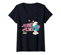 Mujer Pitufos Pitufina Día de San Valentín Sentirse Amado Corazón Clásico Camiseta Cuello V