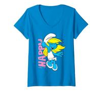 Mujer Pitufos Pitufina Feliz Sonrisa Amigos Clásico De Dibujos Animados 80s 90s Camiseta Cuello V