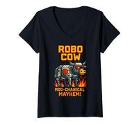 Mujer Píxel de caos moo-chanical de Robo Cow Camiseta Cuello V