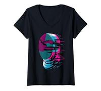 Mujer Pixel Glitch Art Esgrima Casco Espada Esgrimista Camiseta Cuello V