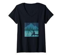 Mujer Pixel Lake Pesca Camiseta Cuello V